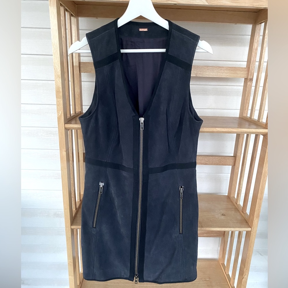 FREE PEOPLE Navy Suede Sleeveless Zipper Mini Dress/Vest Size Small NWOT